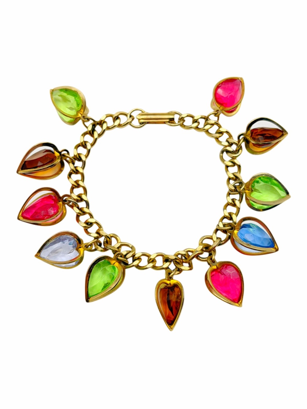 Vintage 1980s Gold Tone Multicolor Vibrant Colorful Heart Charm Gem Bracelet